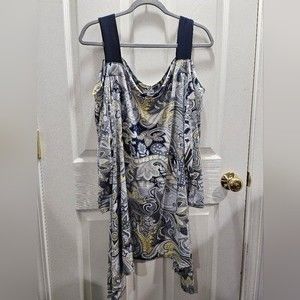 Avenue Navy Blue, Gray, White and Yellow Paisley Cold Shoulder Tunic 30/32